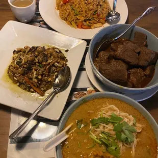 Tea leaf salad, Mohinga Thohk, lamb