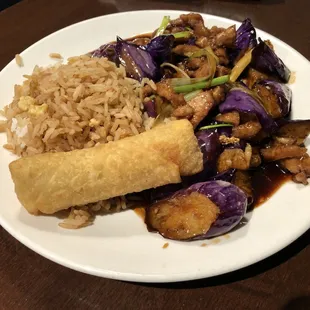 Lunch Special - chicken and eggplant in black bean sauce, with fried rice and fried egg roll.