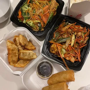 Vegetable Lo Mein, Fried 6 Pieces Vegetables Dumpling, 2 Vegetable Spring Rolls, Chicken Stir Fry, White Rice