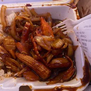 a take out container of food