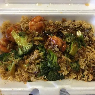 Shrimp and Broccoli I mixed up. Served separated.