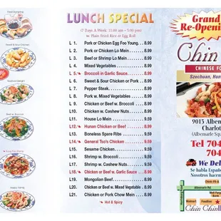 the menu for the lunch special