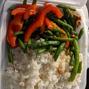 Green bean chicken and white rice -- with extra less chicken...