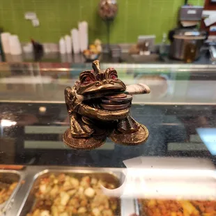 a frog figurine in a glass case