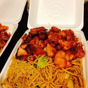 2 entree plate with BBQ pork and orange chicken!! Definitely not skimpy on serving!!