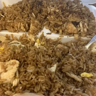 Fried rice- plain rice with soya sauce and plain chicken pieces