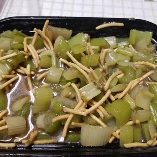 This was supposed to be chicken chow mein. Literally maybe 3 small pieces of chicken and this was the rest. All Celery and water.