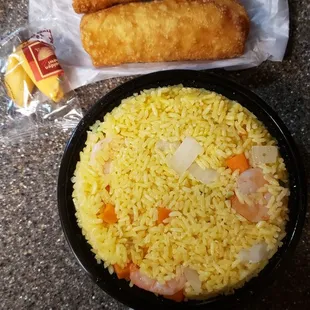 Shrimp fried rice w/ 2 jumbo shrimp egg rolls.