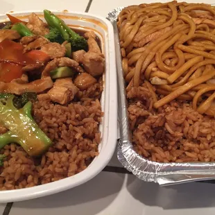 Chicken with broccoli and chicken lo mein dinners (egg rolls not pictured)