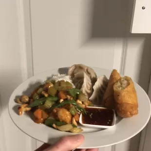 Shrimp w cashew, shrimp egg roll, steamed dumplings