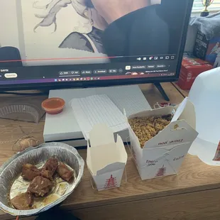 Large Beef fried rice and small bourbon chicken w noodles and white rice.