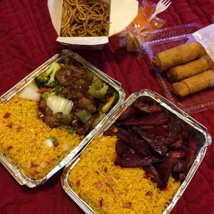 Pork fried rice, beef &amp; broccoli in garlic sauce. Pork fried rice, with boneless spare ribs. Small beef lo mien, and eggrolls.
