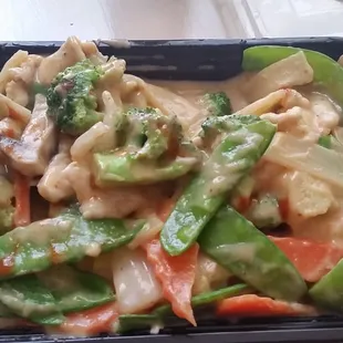 Supposed to be Red Curry Chicken. It's gross. It's a heavy gravy consistency. For those who like real Thai food this is NOT it.