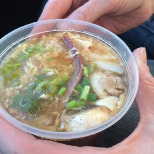 Hot &amp; Sour?? Tasty- but tastes like egg drop + vegetable soup with red pork thrown in.