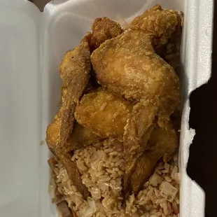 Pork fried rice and fried chicken wings
