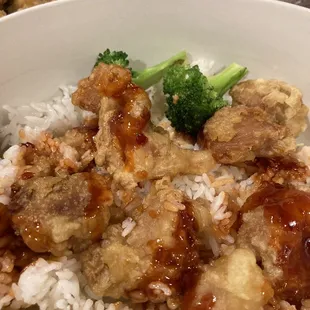 a bowl of rice and meat with broccoli