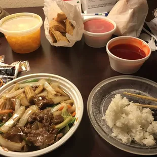 Delicious! Beef chop suey, egg drop soup and crab rangoons.