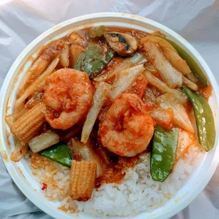 Curry shrimp lunch special. Sauce looks more yellow than pic shows. Full sized shrimp were good.