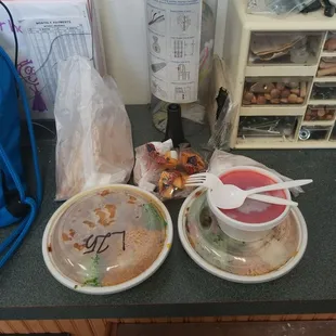 two plates of food on a counter