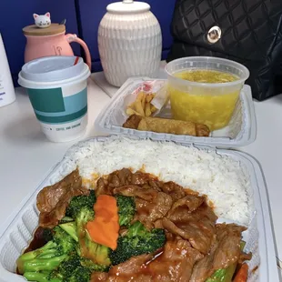 Beef and broccoli, egg roll, and egg drop soup
