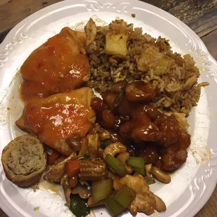 Crab Rangoon, egg roll, orange chicken, cashew chicken and Hawaii Fried Rice