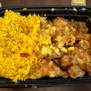General Tzo's chicken with "fried rice".