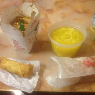 Chicken Lo Mein, Eggroll, Egg Drop soup, and crisps