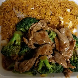 Beef and broccoli with beef fried rice