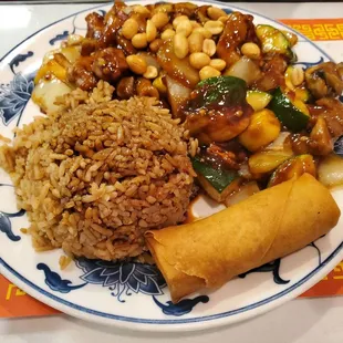 Kung Pao chicken with fried rice and spring roll