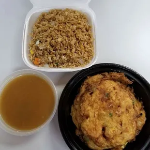 Egg foo young, you can choose pork, chicken, beef, shrimp, or combo.