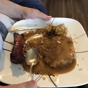 Pork Egg Foo Young with fried rice and BBQ ribs.