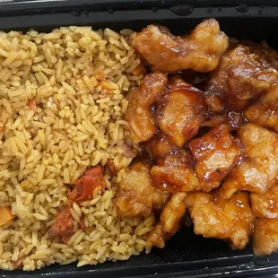 We tried one piece and chewed 5 minutes. Sesame chicken was 3 days old and stale, smothered with sauce