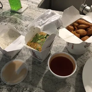 Sweet and Sour Chicken, Vegetable Chen's Special Fried Rice, White rice (included w ss chicken) and Teriyaki skewers.