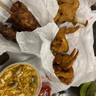 Hot and sour soup, chicken teriyaki, wings and fried shrimp
