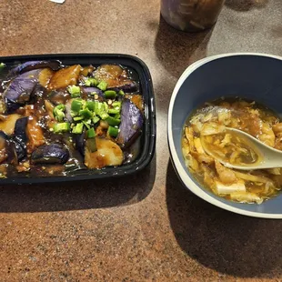 Chinese Eggplant with Tofu and hot and sour soup (without seafood)