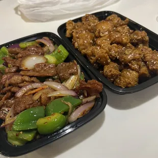 Mongolian beef and sesame chicken