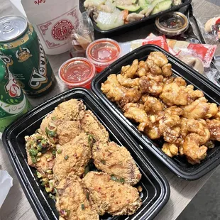 two trays of food on a table