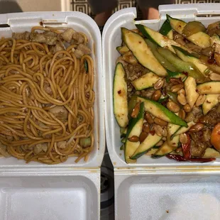 Plain Chow Mein &amp; Kung Pao Chicken. Kung Pao is pretty spicy.