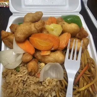a take out container of food