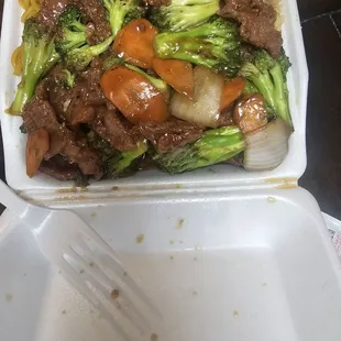 a take out container of food