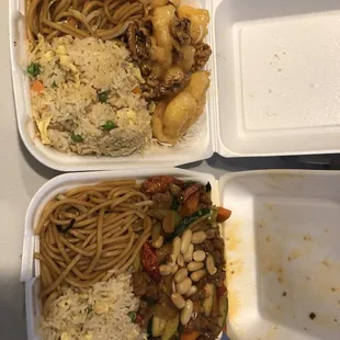 Honey walnut shrimp lunch special on top, kung pao chicken below.