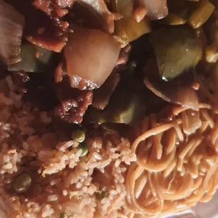 The peppersteak lunch special. It includes fried rice and chow mein noodles. It costs $9.75.