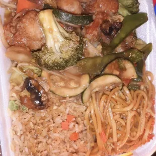 This is the shrimp chop suey lunch special with fried rice and chow mein noodles. Costs around $10.75.