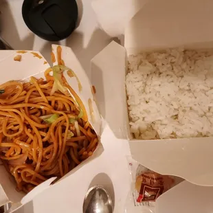 Chow mein and white rice.
