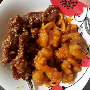 Sesame beef and Orange chicken.
