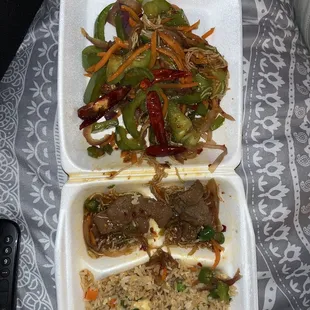 Mongolian Beef separated. Mostly vegetables. Tiny bit of beef