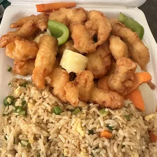 There sweet and sour chicken meal.