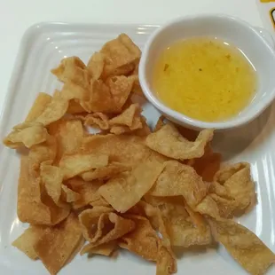 Crunchy noodles with hot mustard sauce. 12/18/2016