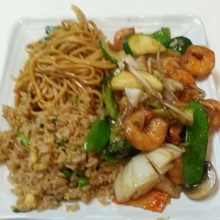 Chow mein noodles, fried rice, and shrimp chop suey. 12/18/2016