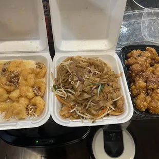 Honey Walnut Shrimp, SN2 Chow Fun Noodles, C10. Sesame Chicken